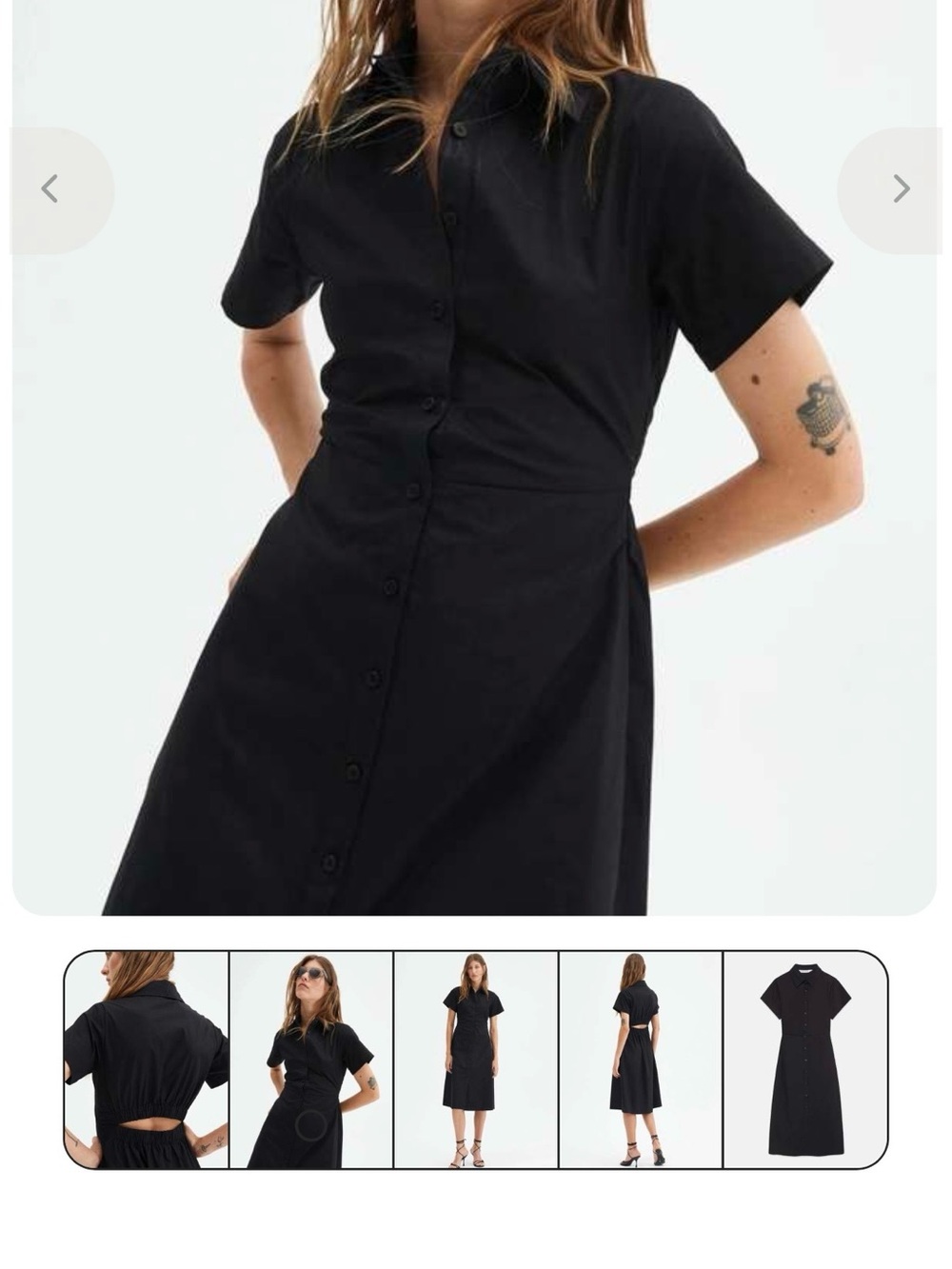 Button-Front Short Sleeve Black Midi Dress